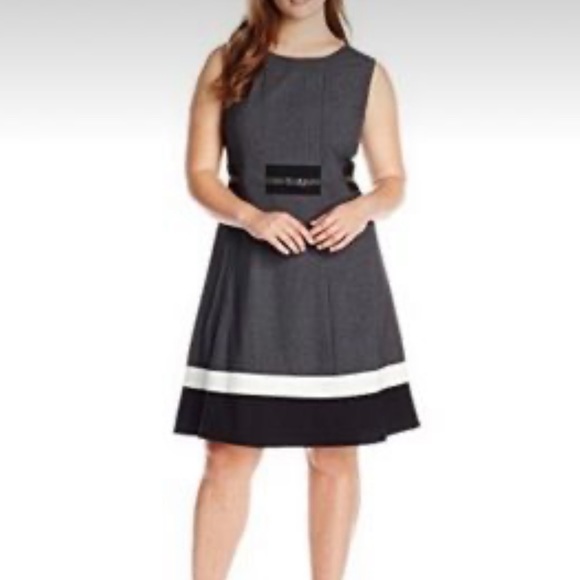 Calvin Klein Gray Sleeveless Belted Fit & Flare Striped Dress - Picture 9 of 12
